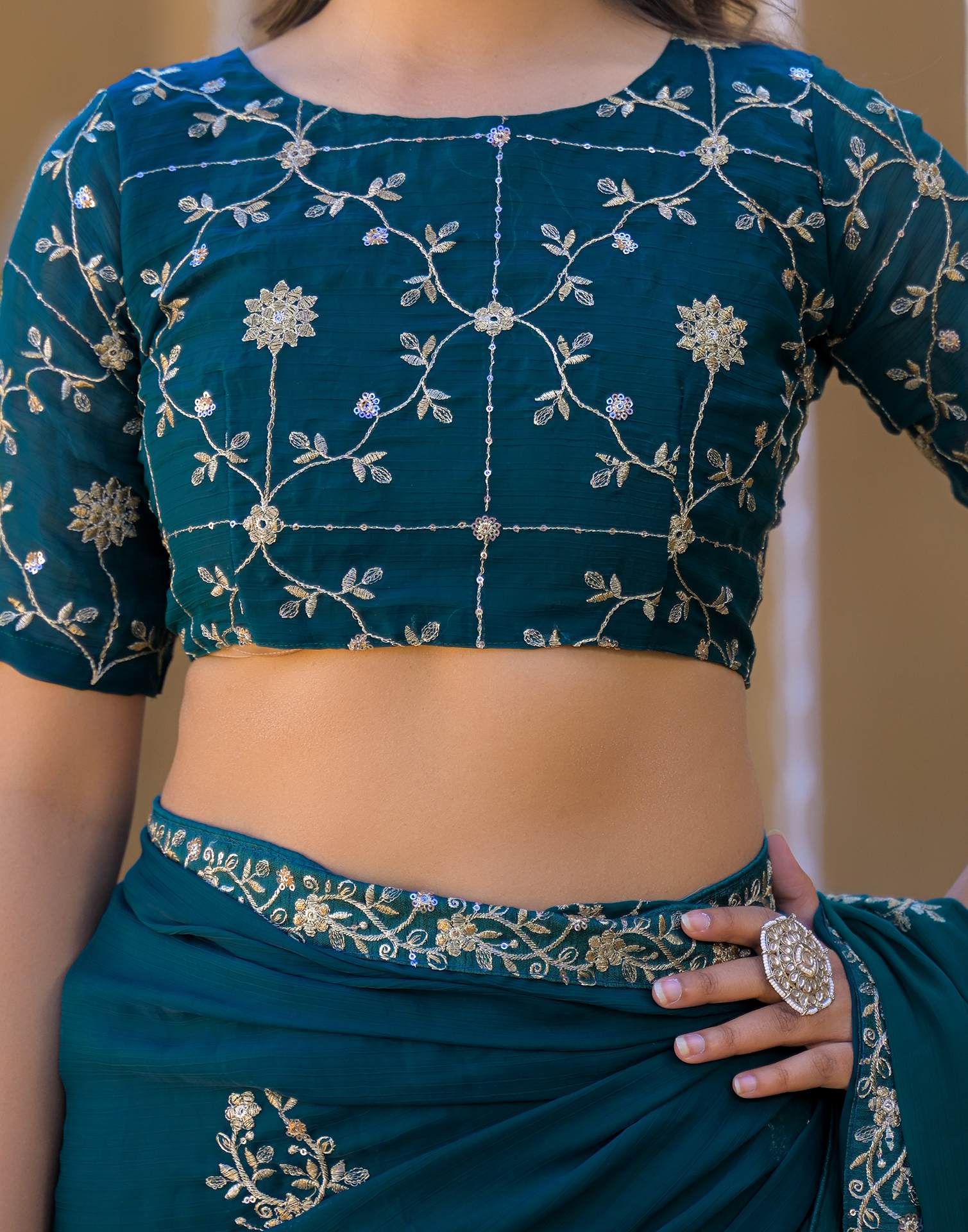 Teal Green Chiffon Sequence Embroidery Saree