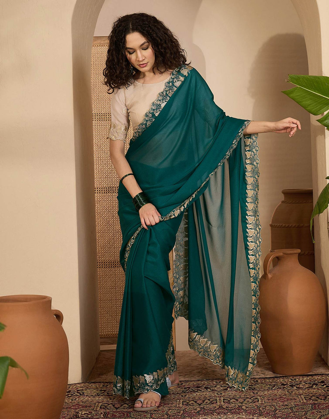 Teal Green Shimmer Sequence Embroidery Saree