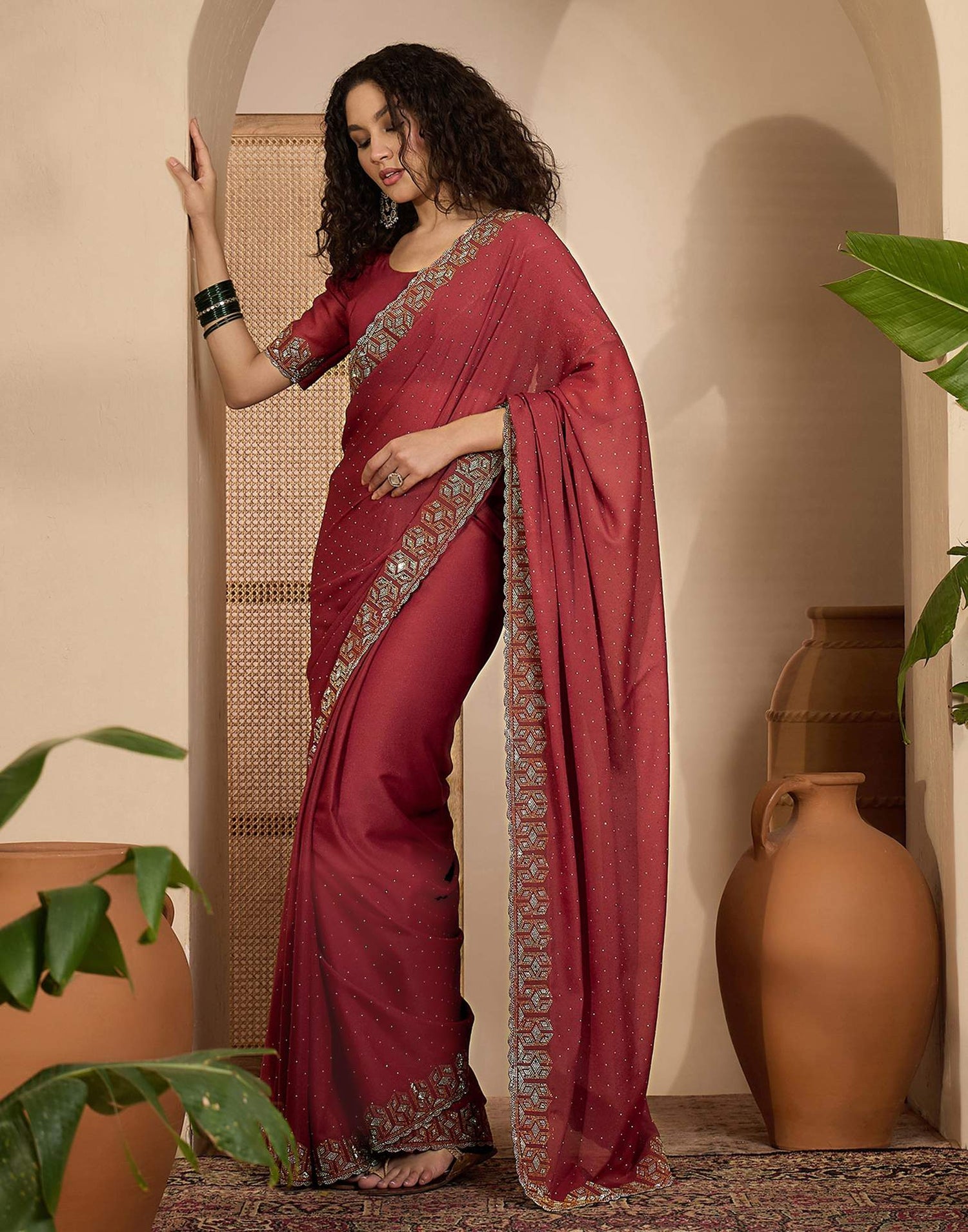 Rust Shimmer Stone Work Swarovski Saree