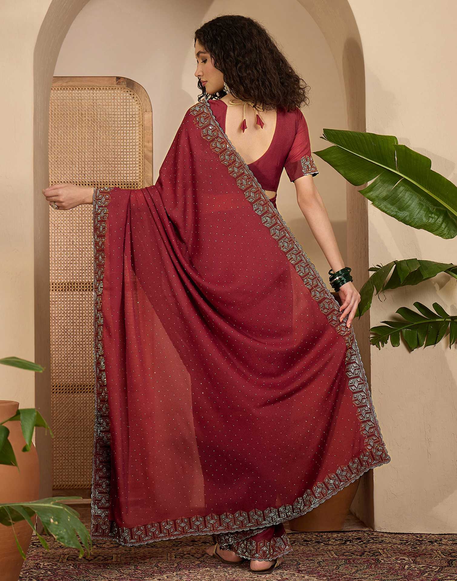 Rust Shimmer Stone Work Swarovski Saree