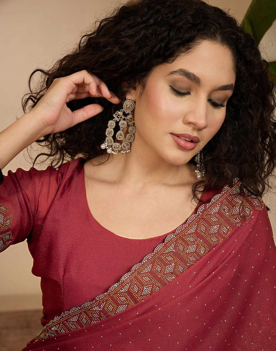 Rust Shimmer Stone Work Swarovski Saree