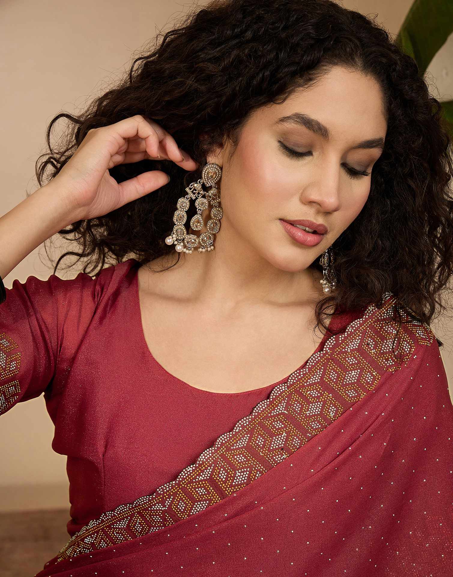 Rust Shimmer Stone Work Swarovski Saree