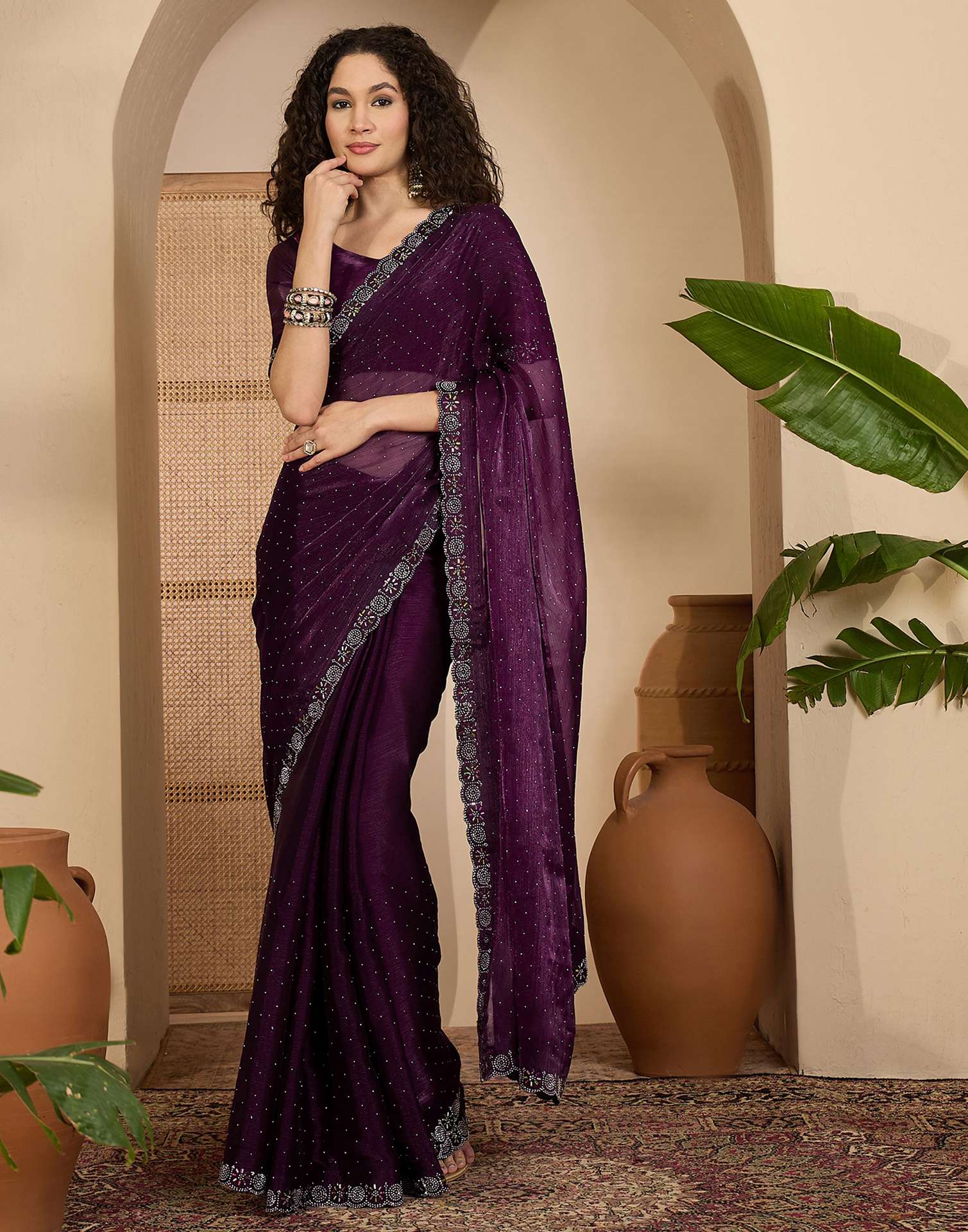 Dark Purple Shimmer Stone Work Swarovski Saree
