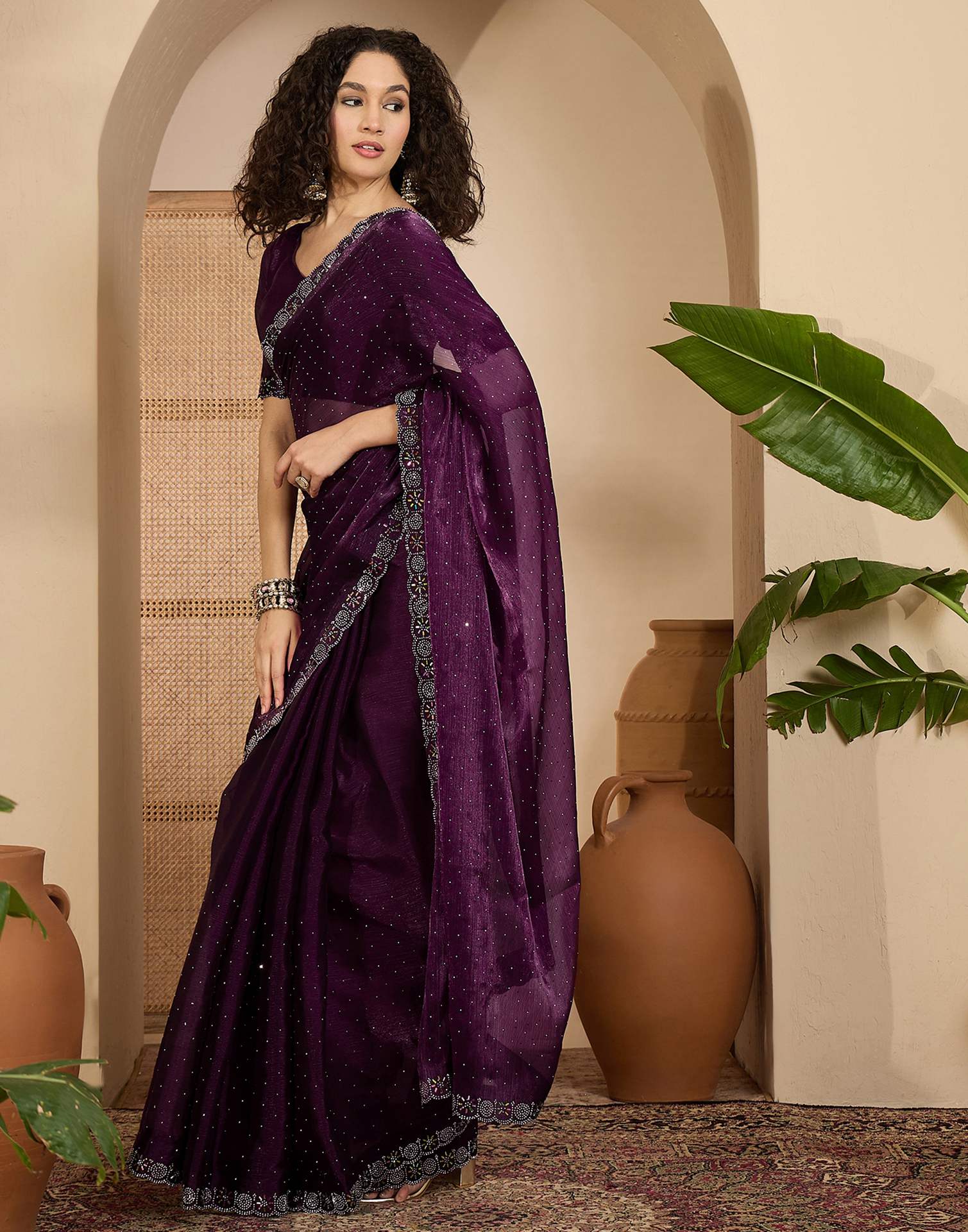 Dark Purple Shimmer Stone Work Swarovski Saree