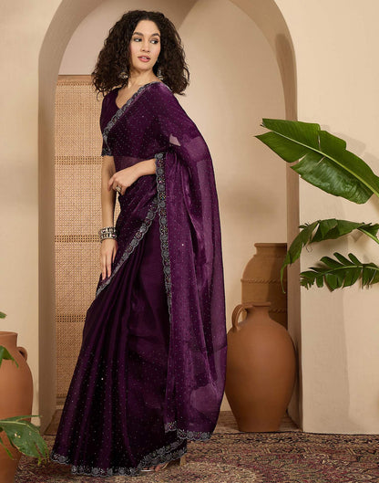 Dark Purple Shimmer Stone Work Swarovski Saree