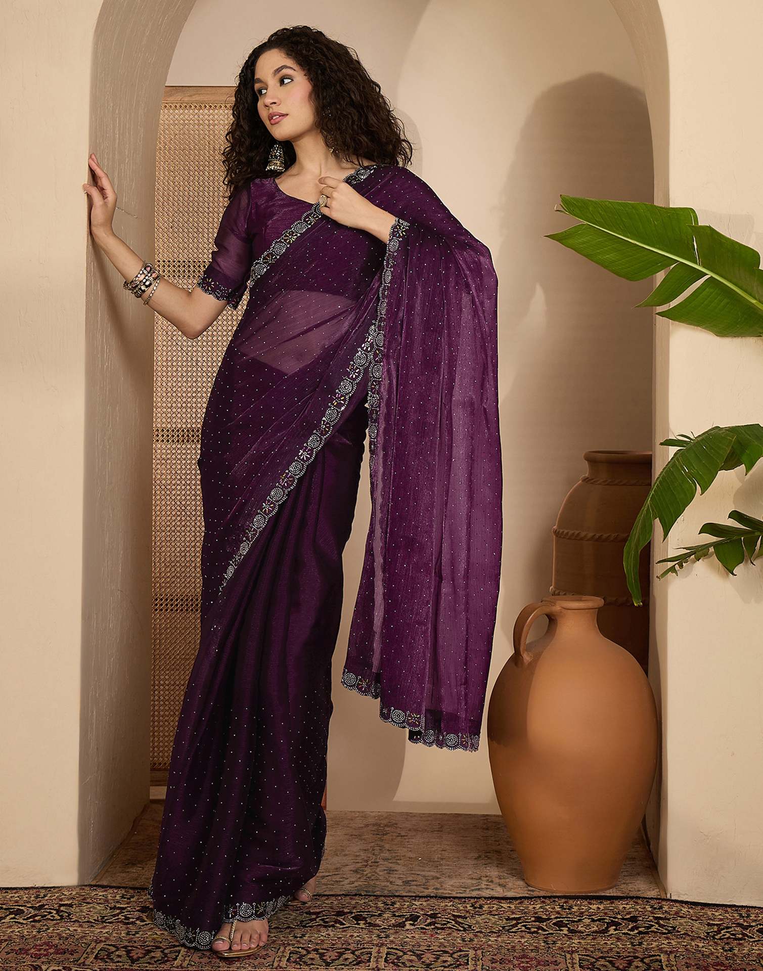 Dark Purple Shimmer Stone Work Swarovski Saree