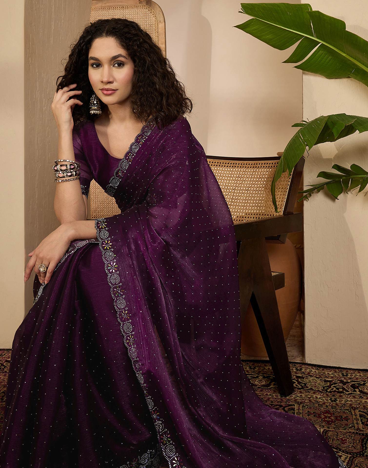 Dark Purple Shimmer Stone Work Swarovski Saree