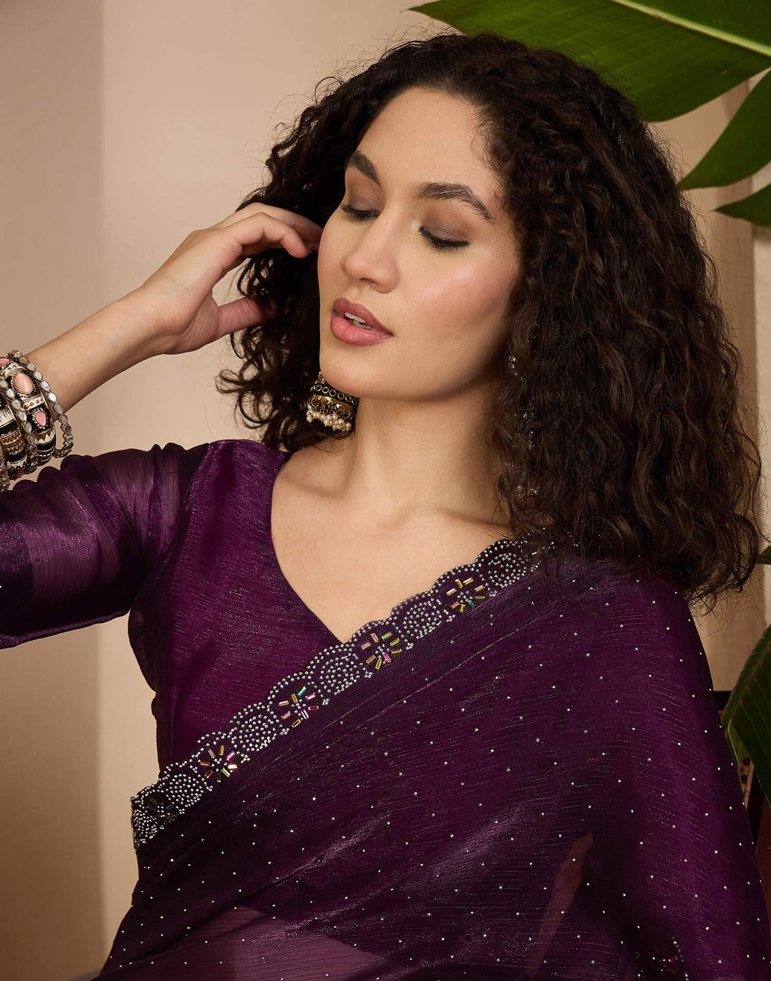 Dark Purple Shimmer Stone Work Swarovski Saree