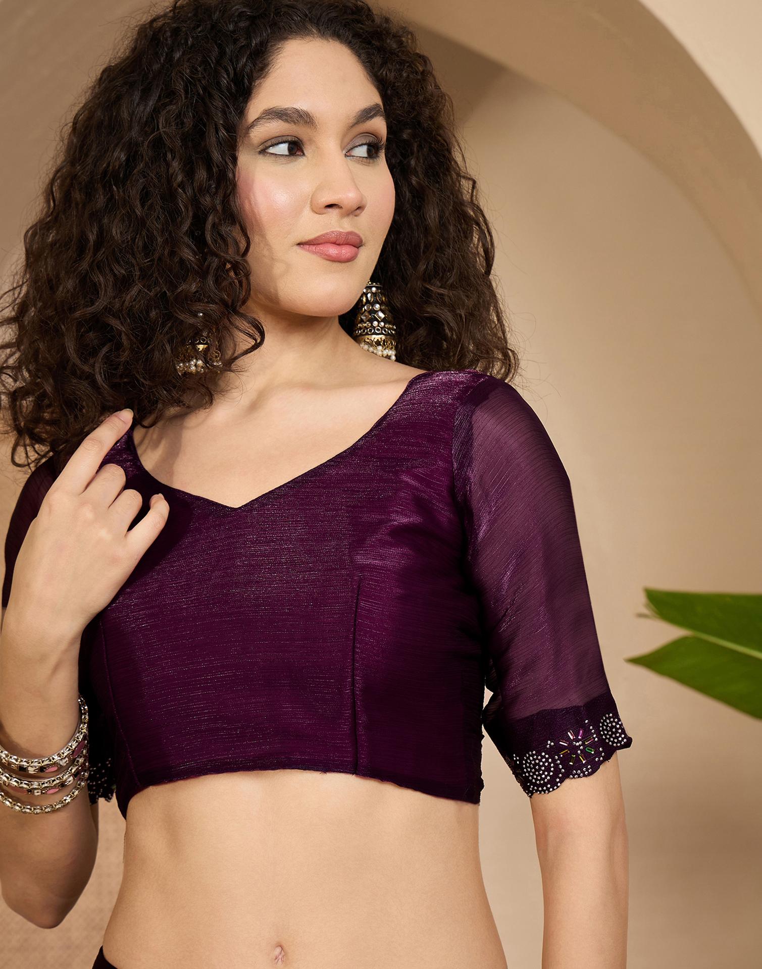 Dark Purple Shimmer Stone Work Swarovski Saree