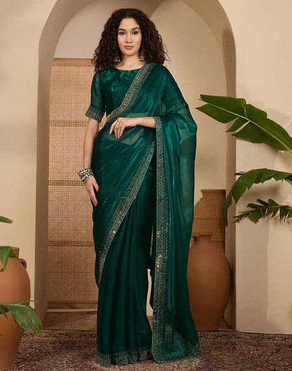 Dark Green Shimmer Stone Work Embellished Saree