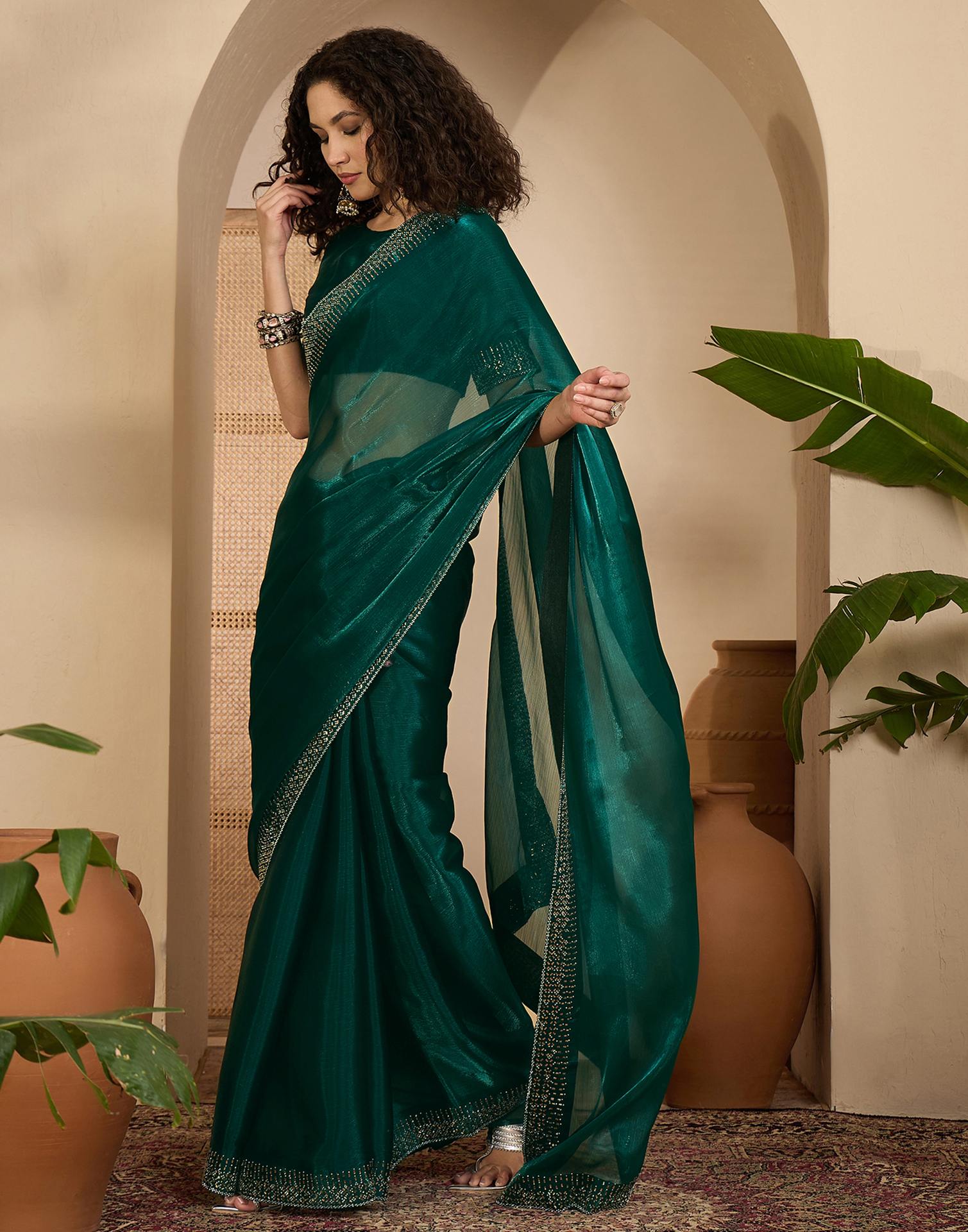 Dark Green Shimmer Stone Work Embellished Saree