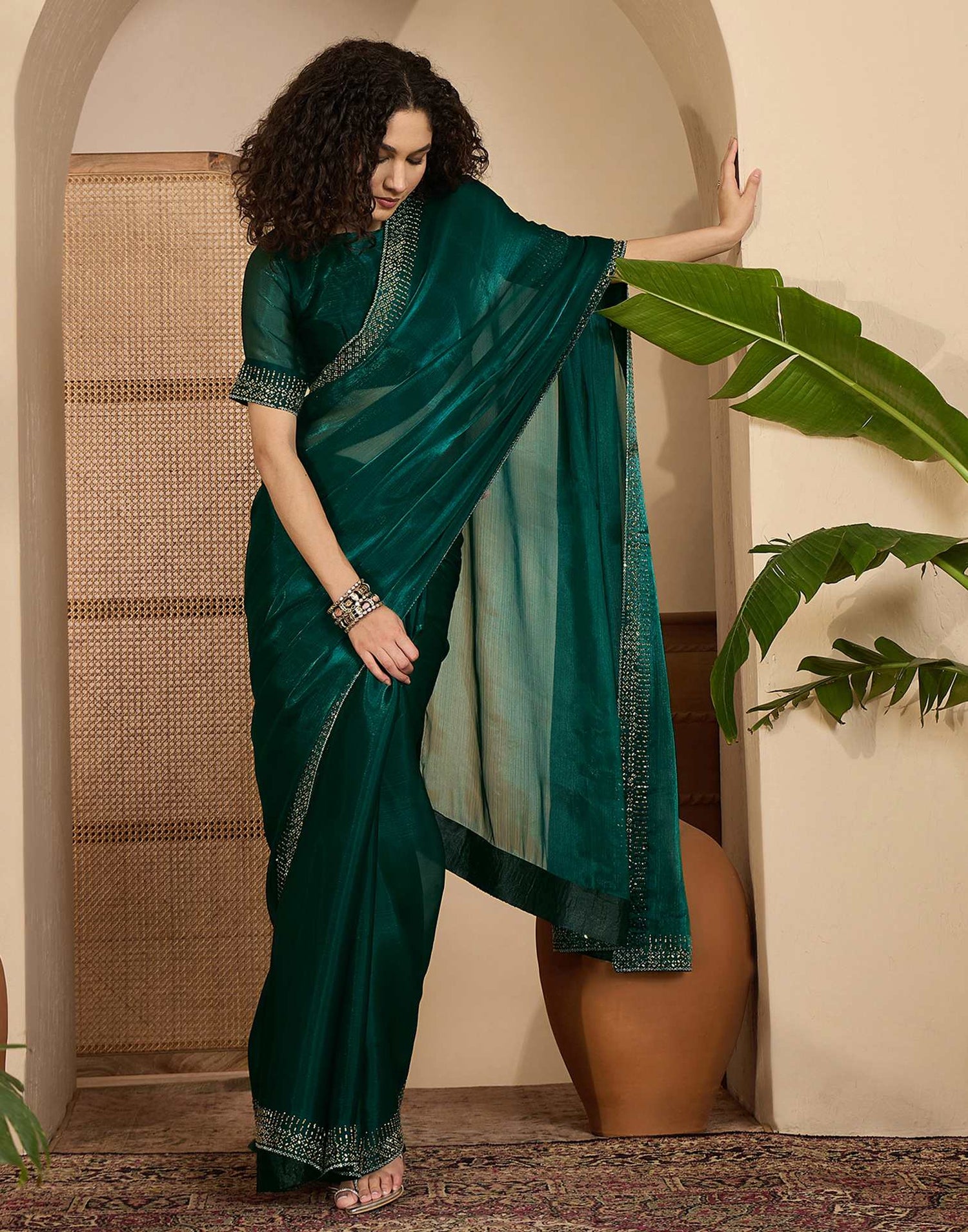 Dark Green Shimmer Stone Work Embellished Saree