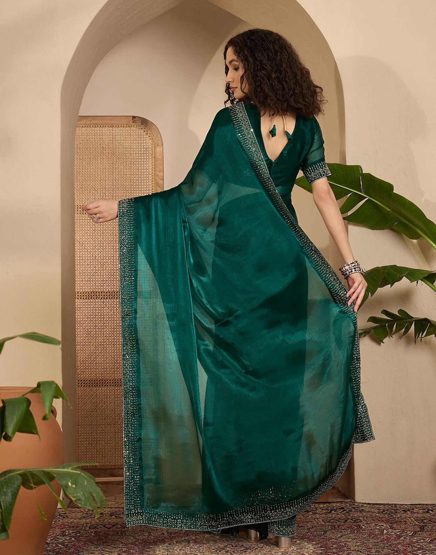 Dark Green Shimmer Stone Work Embellished Saree