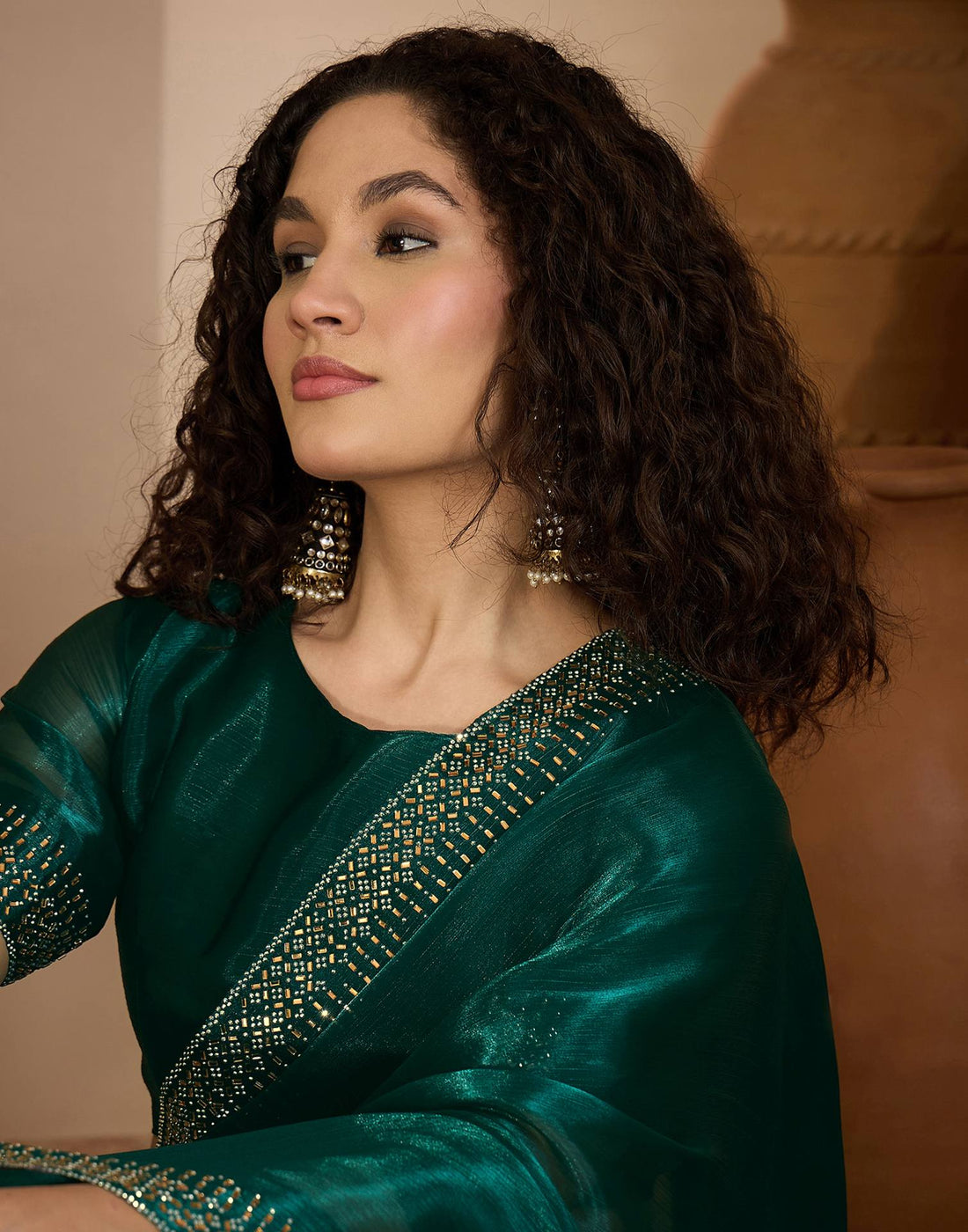 Dark Green Shimmer Stone Work Embellished Saree