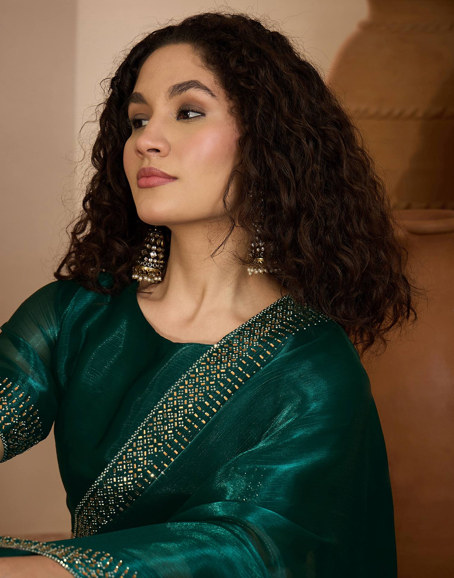 Dark Green Shimmer Stone Work Embellished Saree