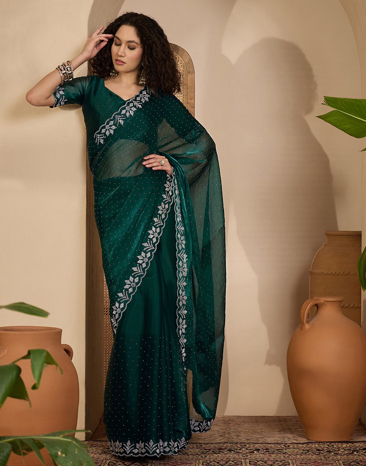 Dark Green Shimmer Stone Work Swarovski Saree