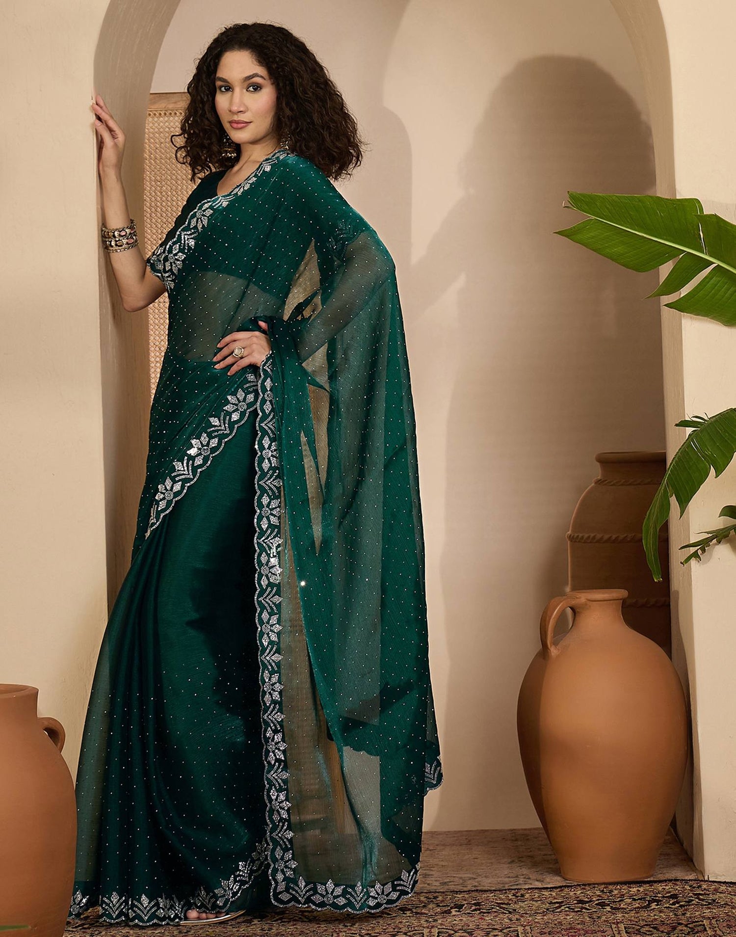 Dark Green Shimmer Stone Work Swarovski Saree