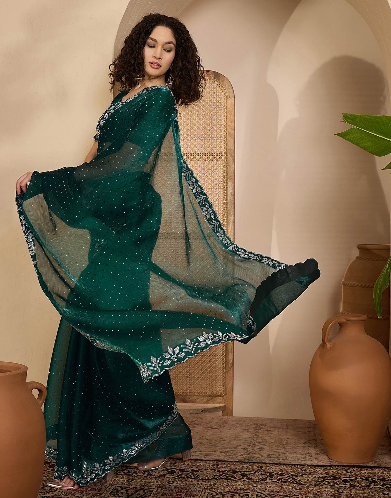 Dark Green Shimmer Stone Work Swarovski Saree