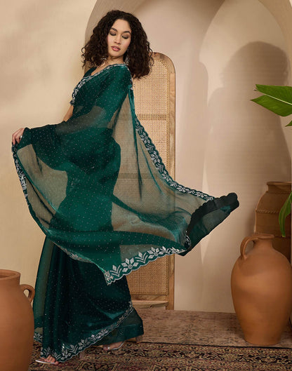 Dark Green Shimmer Stone Work Swarovski Saree