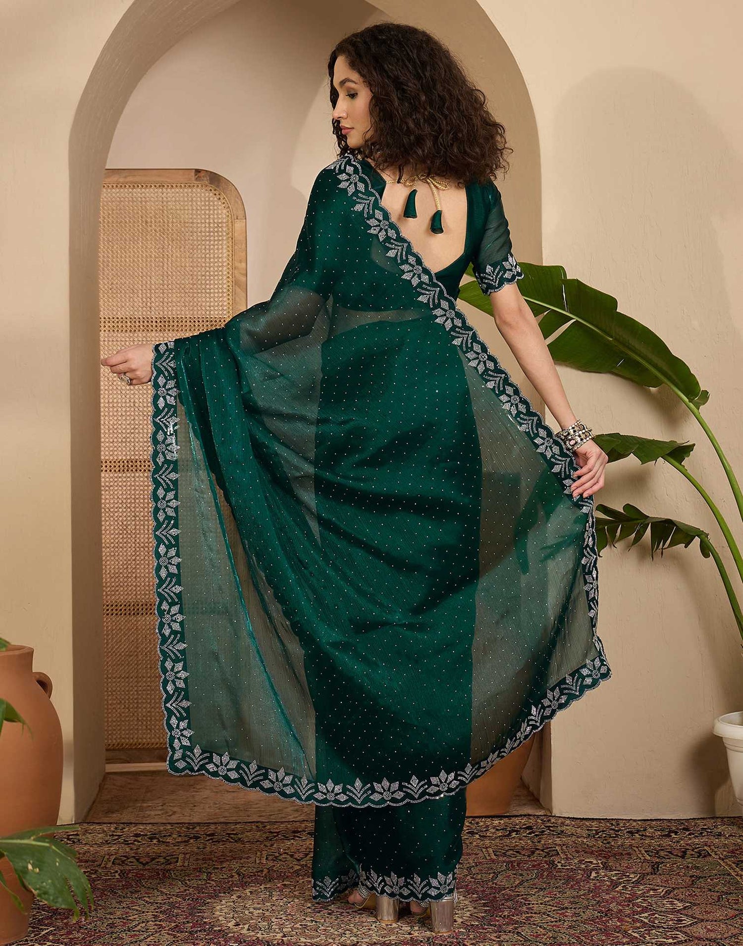 Dark Green Shimmer Stone Work Swarovski Saree