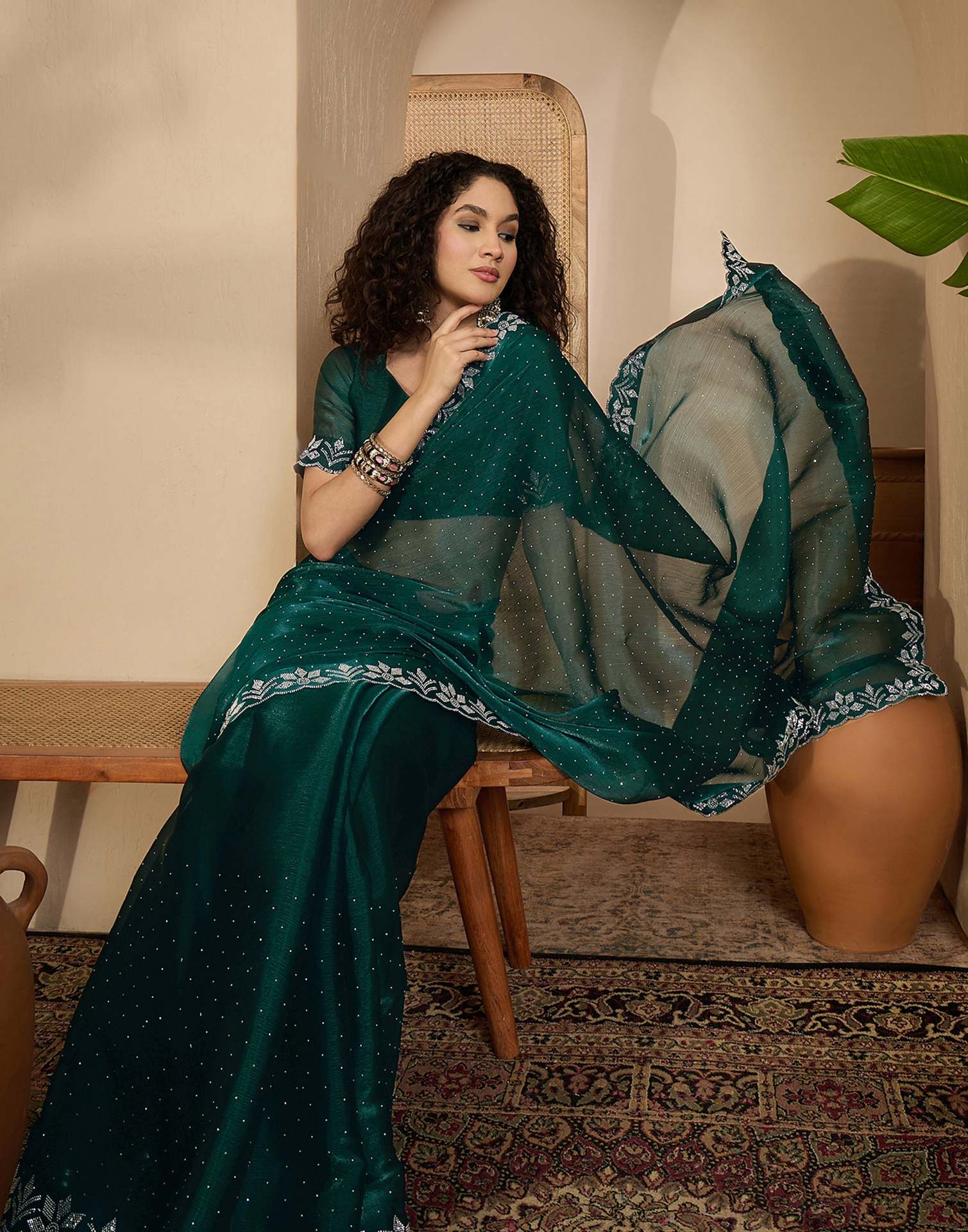 Dark Green Shimmer Stone Work Swarovski Saree