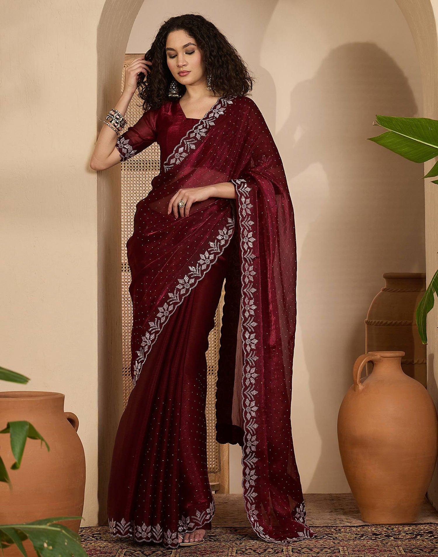 Maroon Shimmer Stone Work Swarovski Saree