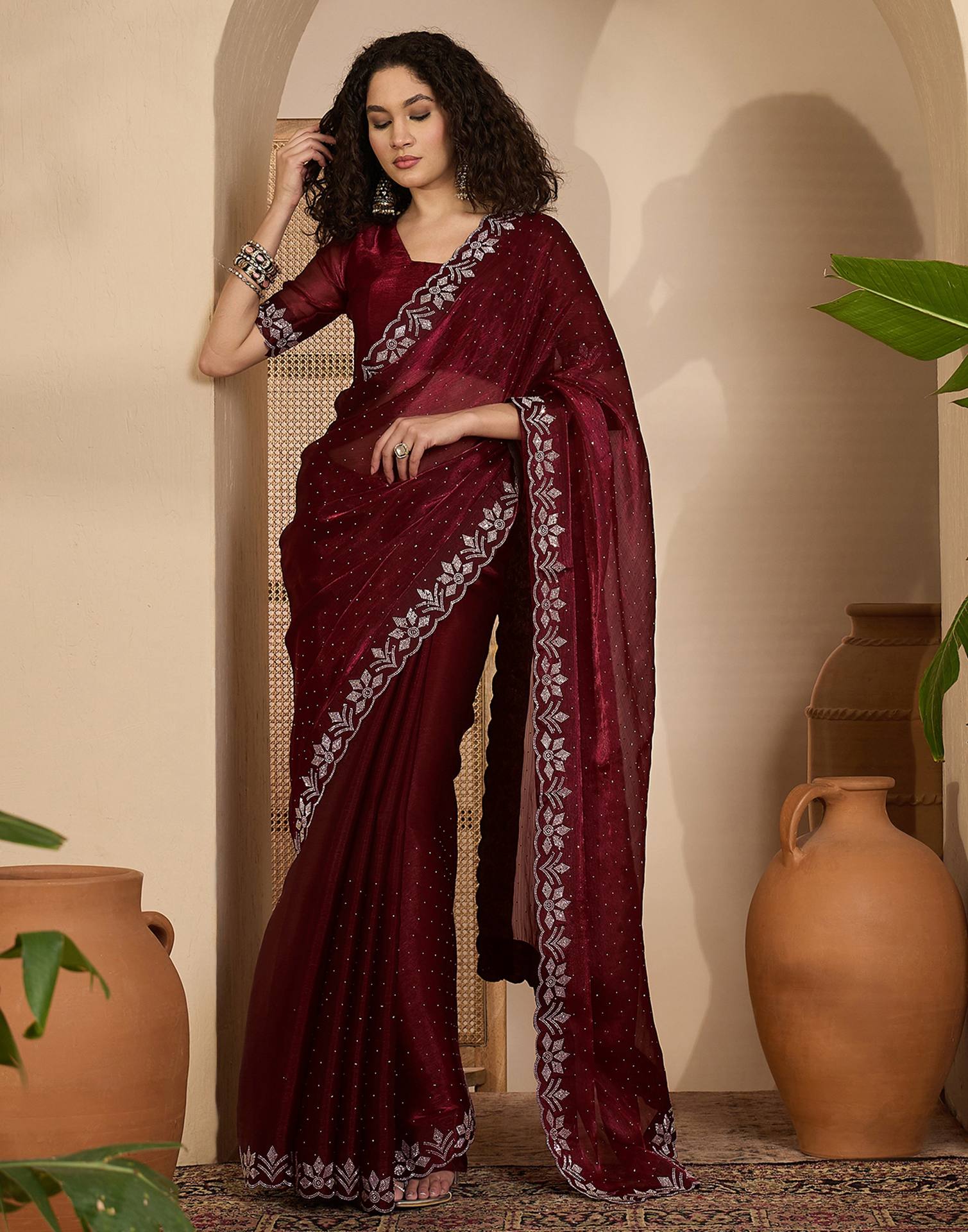 Maroon Shimmer Stone Work Swarovski Saree