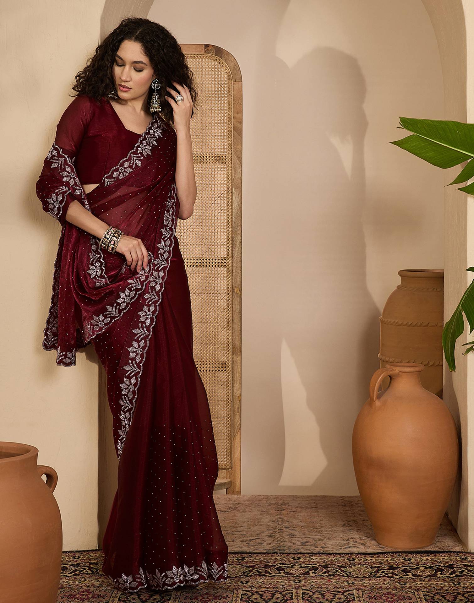 Maroon Shimmer Stone Work Swarovski Saree