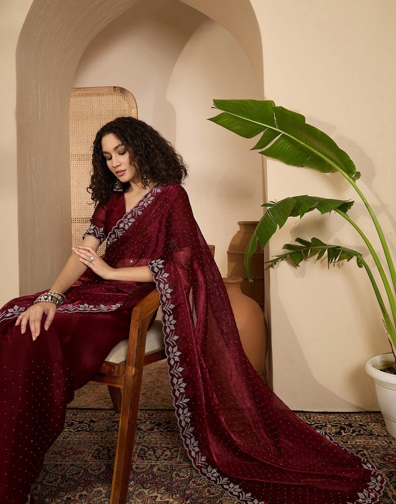Maroon Shimmer Stone Work Swarovski Saree