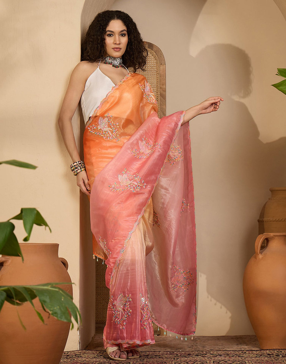 Orange Tissue Silk Sequence Embroidery Saree