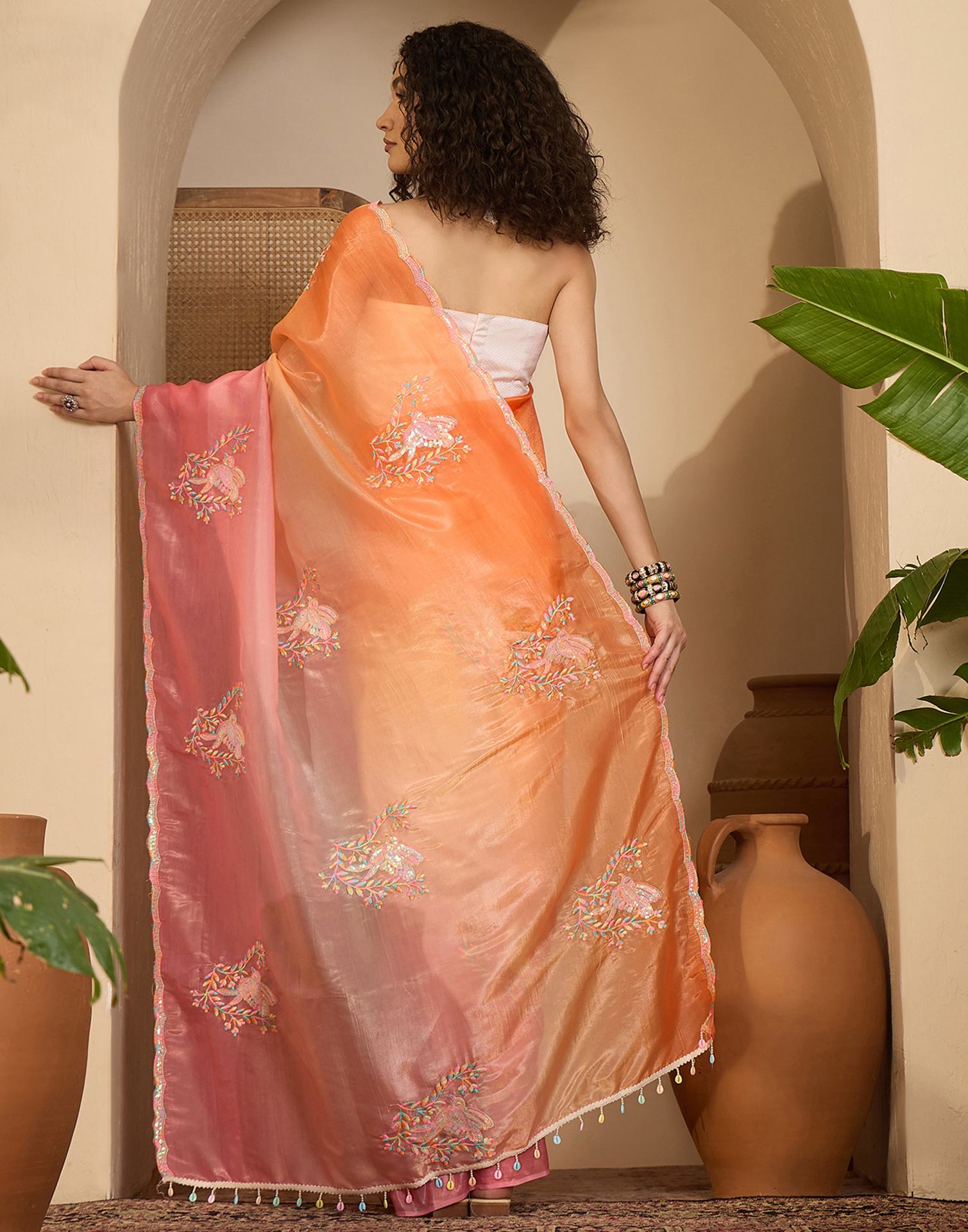 Orange Tissue Silk Sequence Embroidery Saree