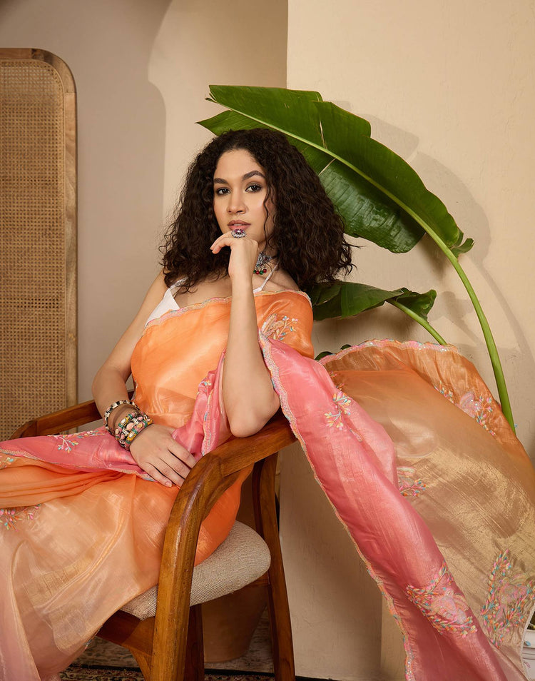 Orange Tissue Silk Sequence Embroidery Saree