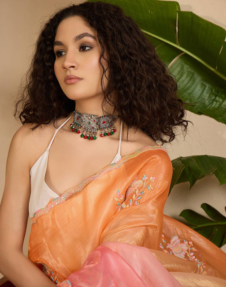 Orange Tissue Silk Sequence Embroidery Saree