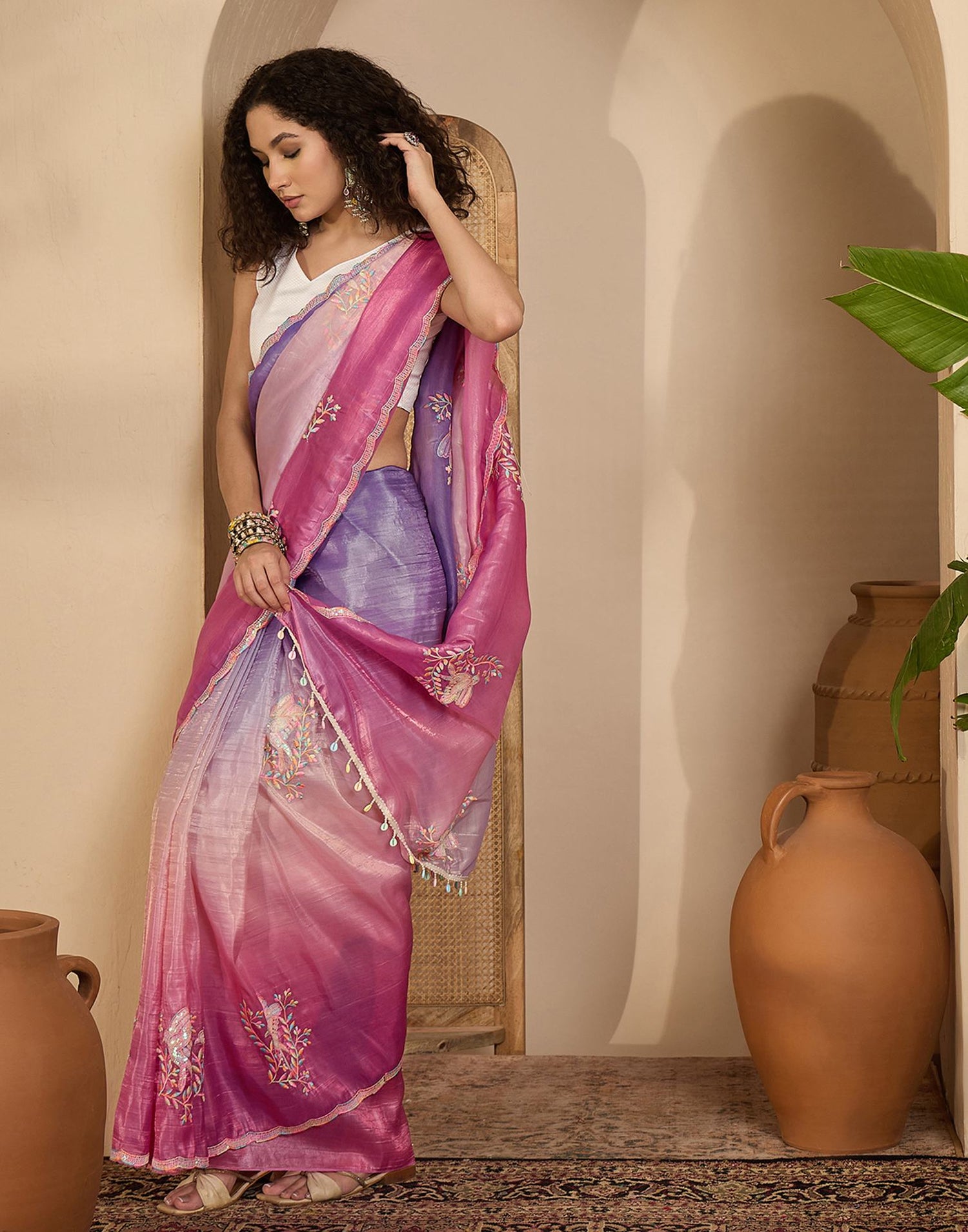 Lavender Tissue Silk Sequence Embroidery Saree