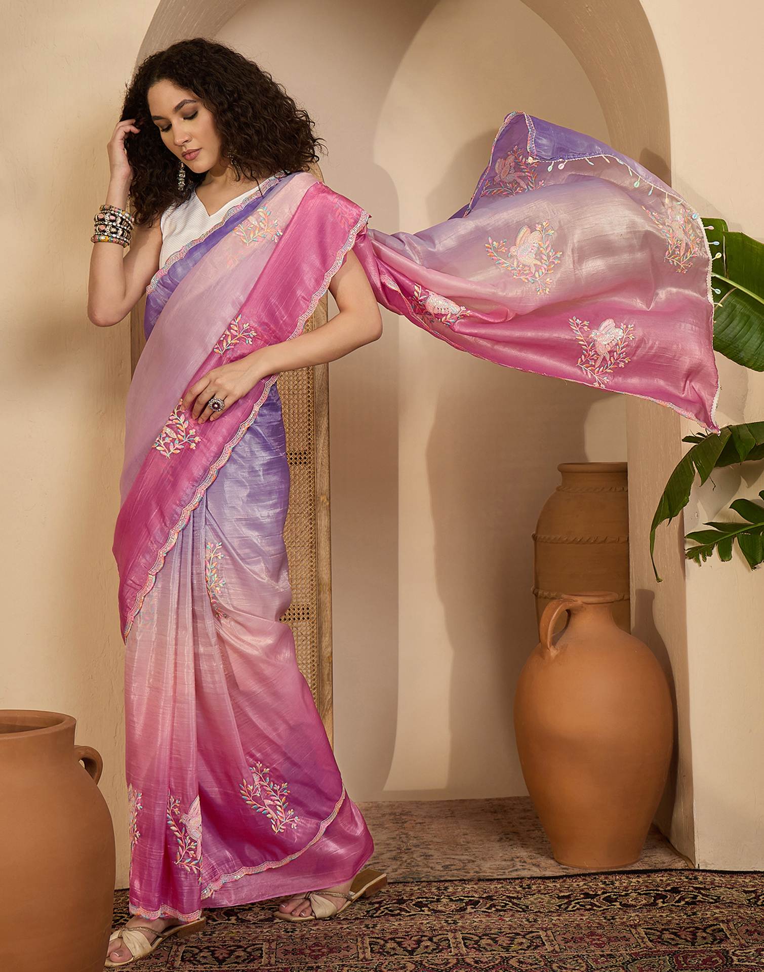 Lavender Tissue Silk Sequence Embroidery Saree