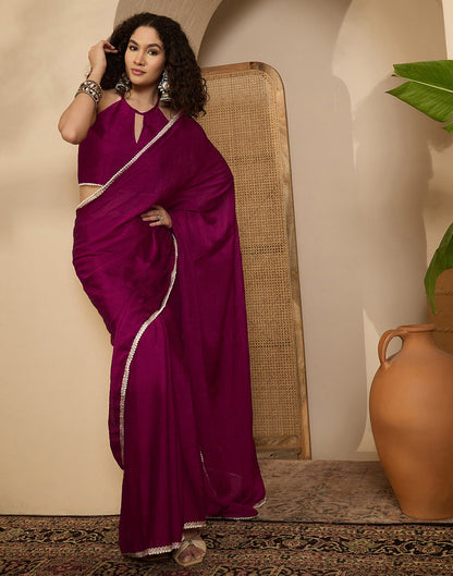 Dark Magenta Crush Silk Pearl Lace Saree