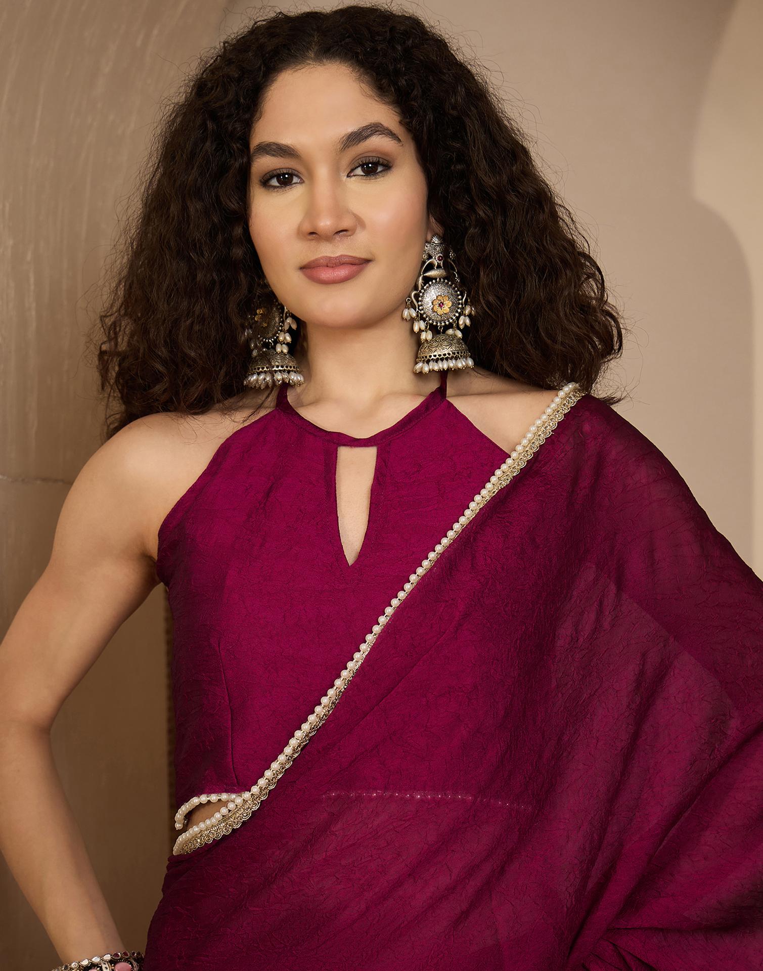 Dark Magenta Crush Silk Pearl Lace Saree