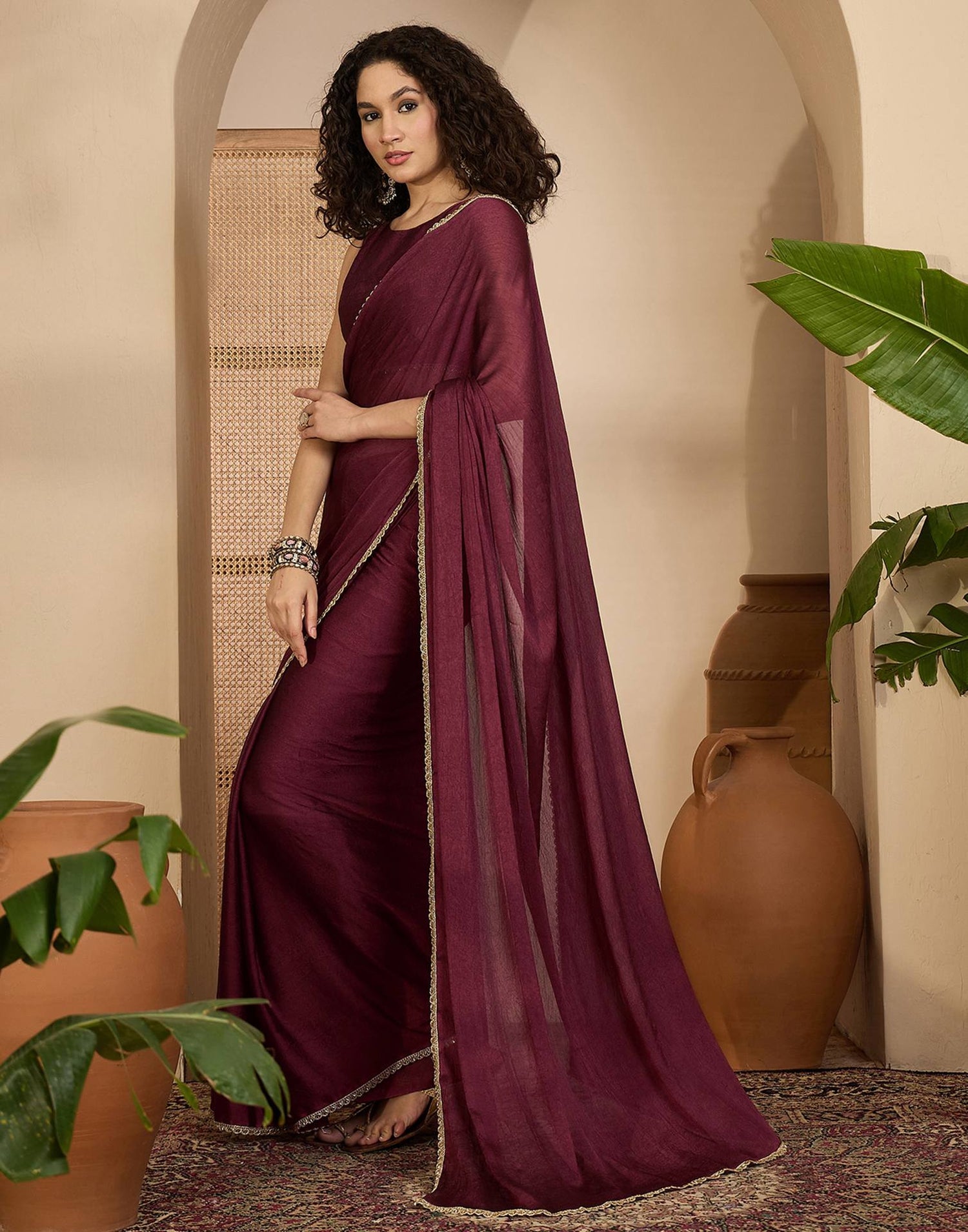 Dusty Wine Crush Silk Lace Saree