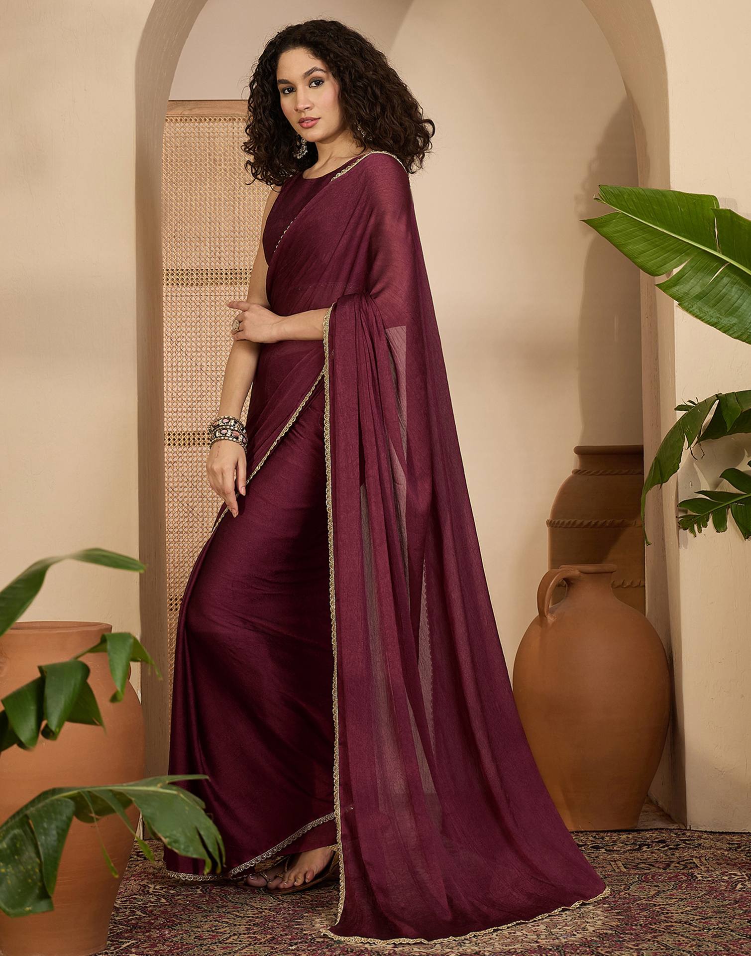 Dusty Wine Crush Silk Lace Saree