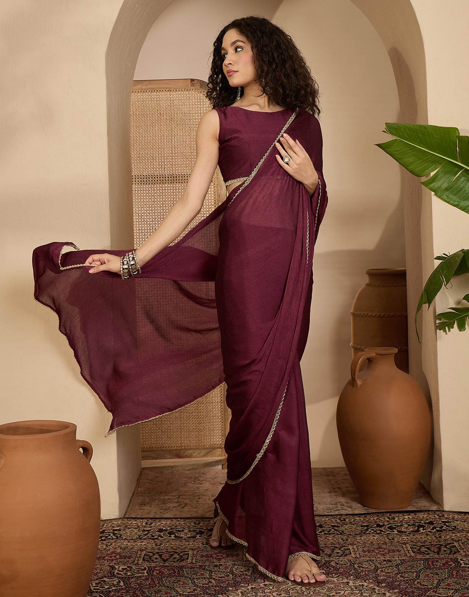 Dusty Wine Crush Silk Lace Saree