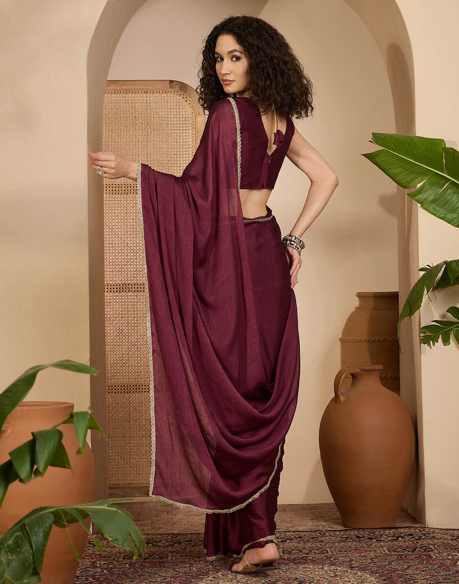 Dusty Wine Crush Silk Lace Saree