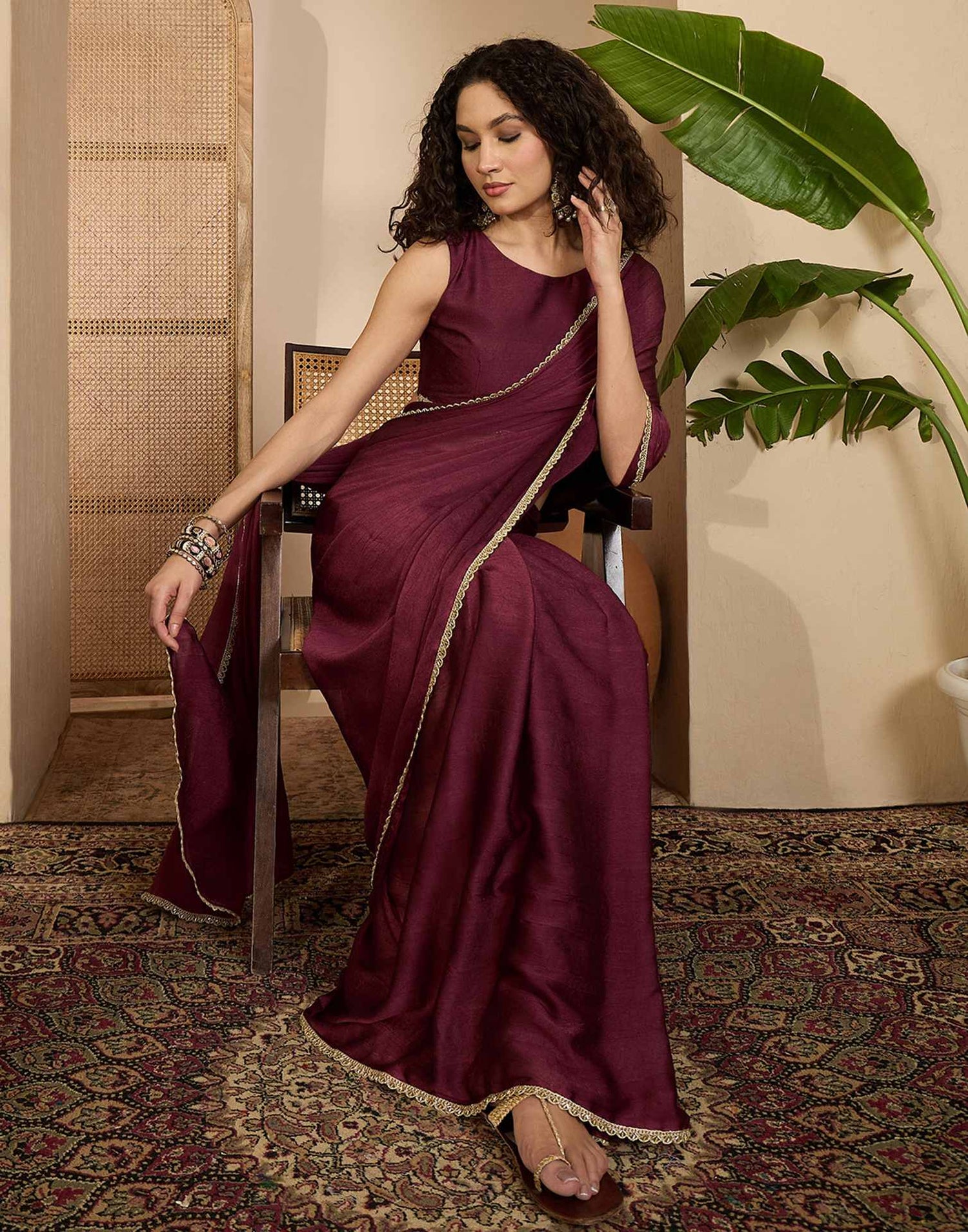 Dusty Wine Crush Silk Lace Saree