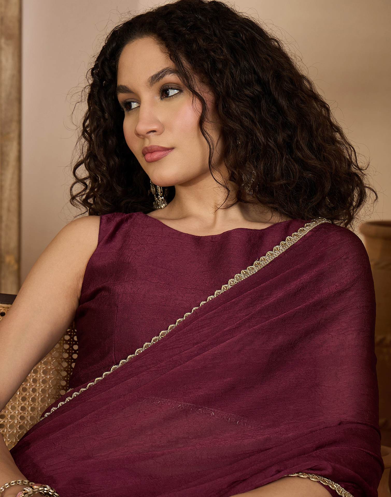 Dusty Wine Crush Silk Lace Saree