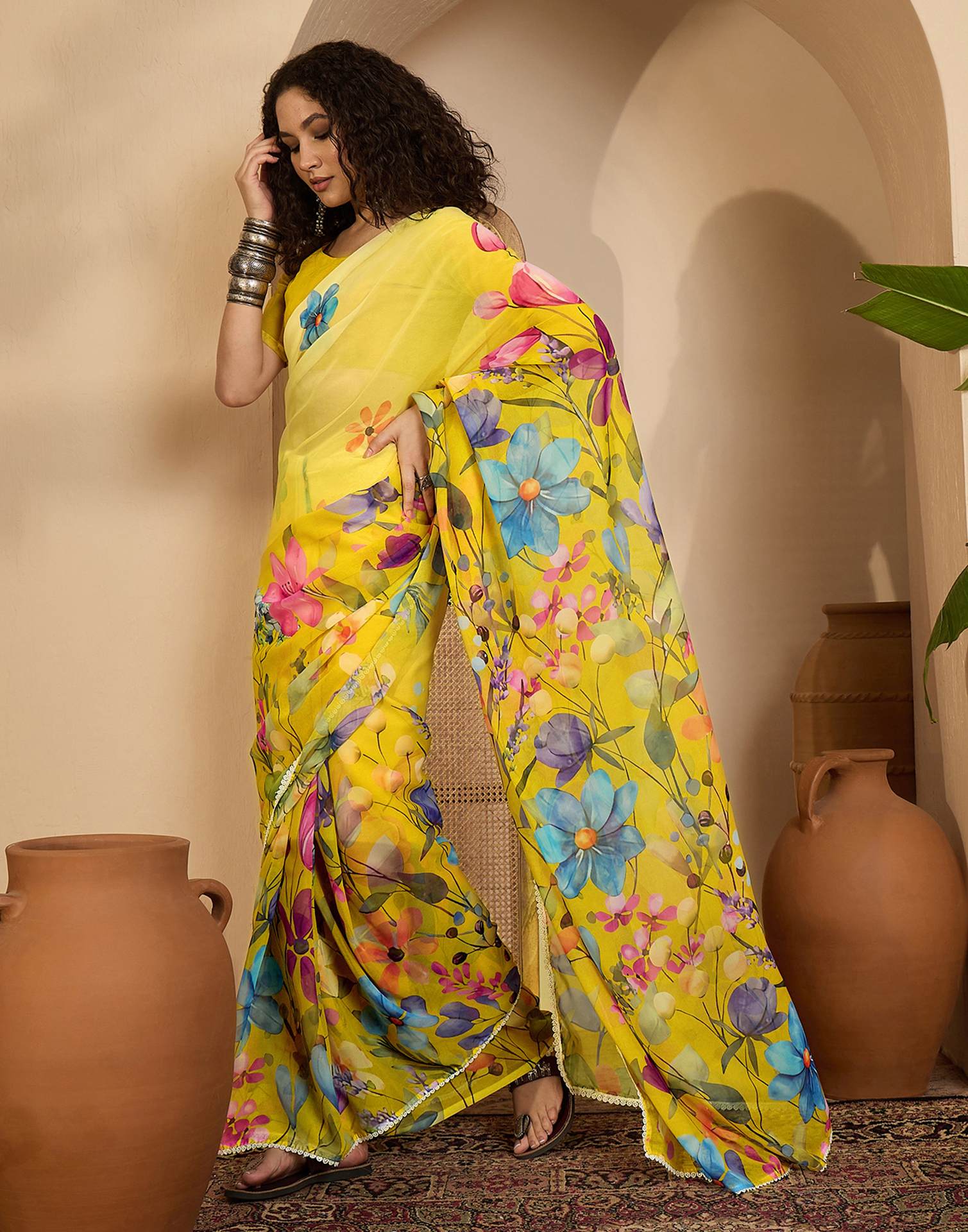 Light Yellow Georgette Floral Printed Saree