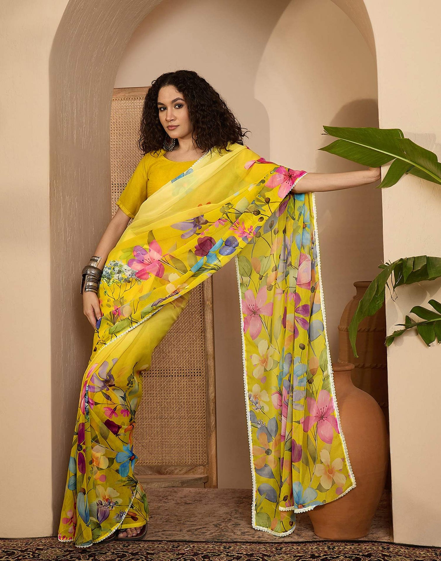 Light Yellow Georgette Floral Printed Saree