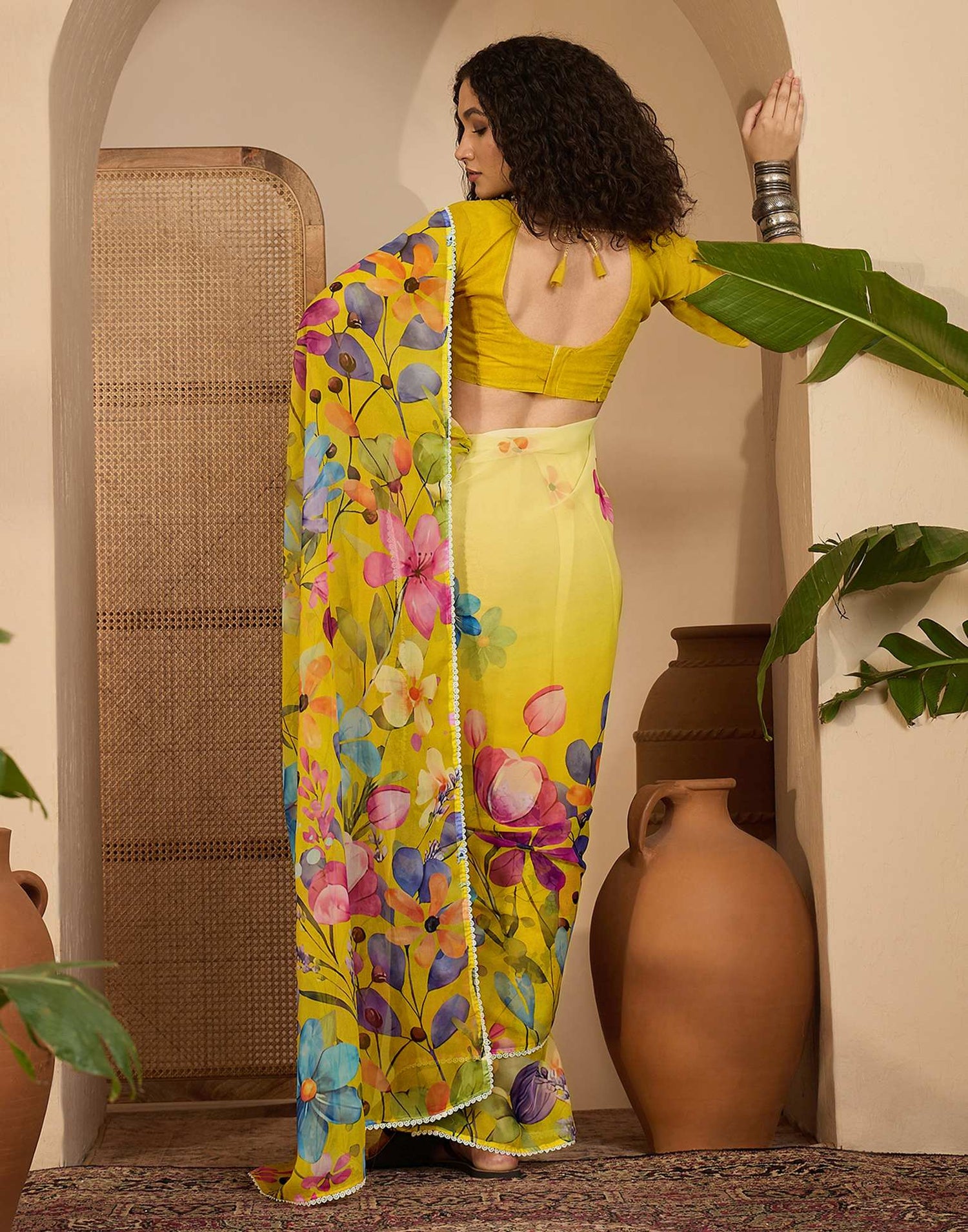 Light Yellow Georgette Floral Printed Saree