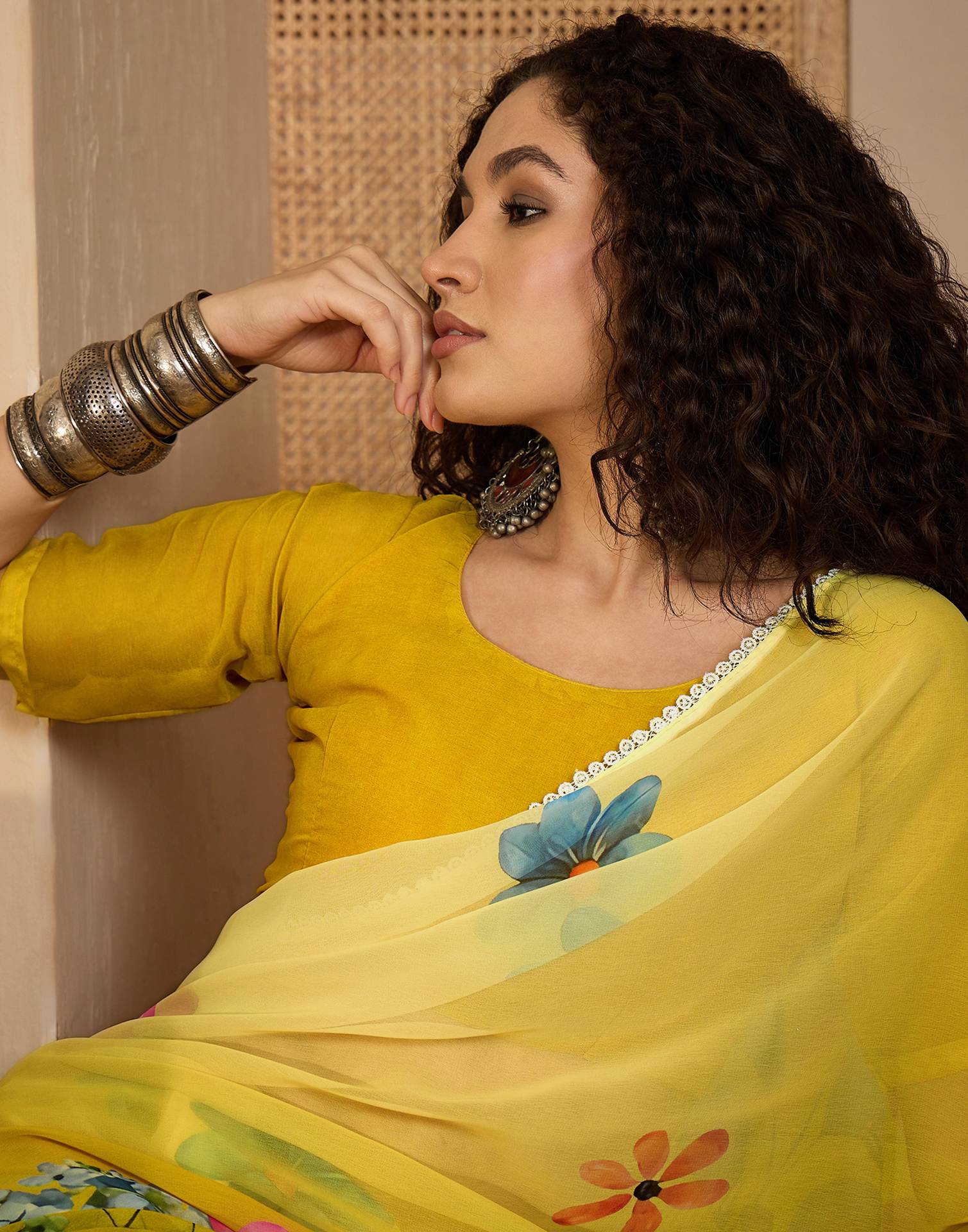 Light Yellow Georgette Floral Printed Saree