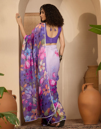Lavender Georgette Floral Printed Saree