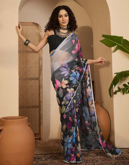 Black Georgette Floral Printed Saree
