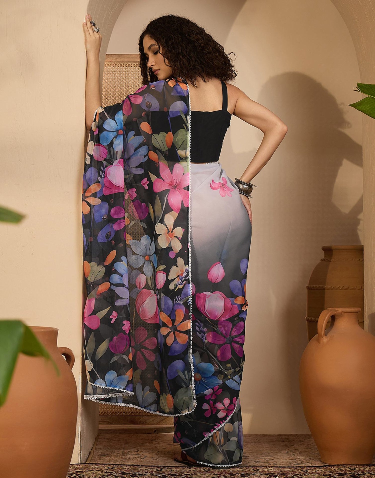 Black Georgette Floral Printed Saree